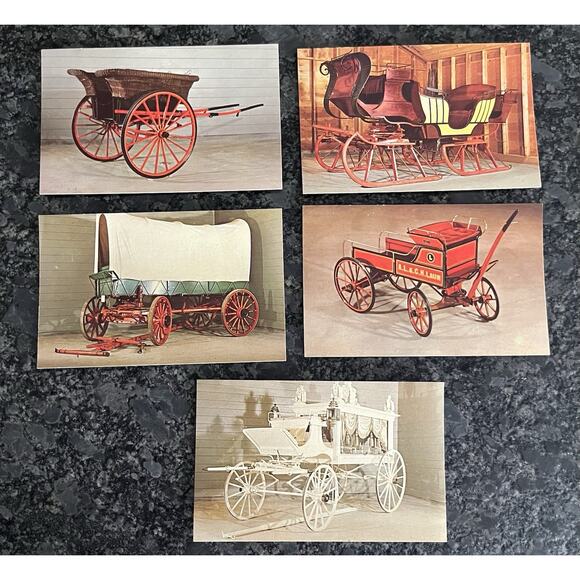 5 Postcards: Governess Cart, Russian Sleigh, Covered Wagon, Patrol Wagon, Hearse - Picture 1 of 2